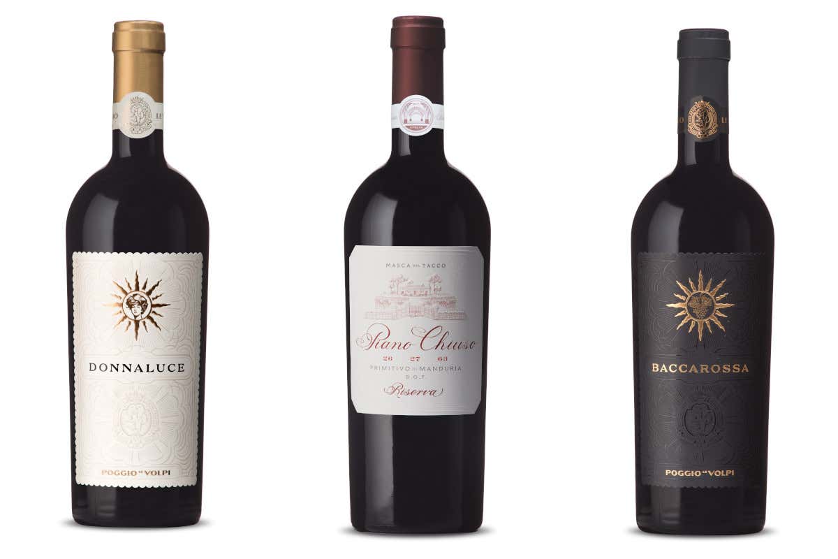 Vini Poggio Le Volpi,&nbsp; da sinistra Donnaluce, Baccarossa, Piano Chiuso Nei sorsi di Poggio Le Volpi e Masca del Tacco i gusti di mare e&nbsp; terra